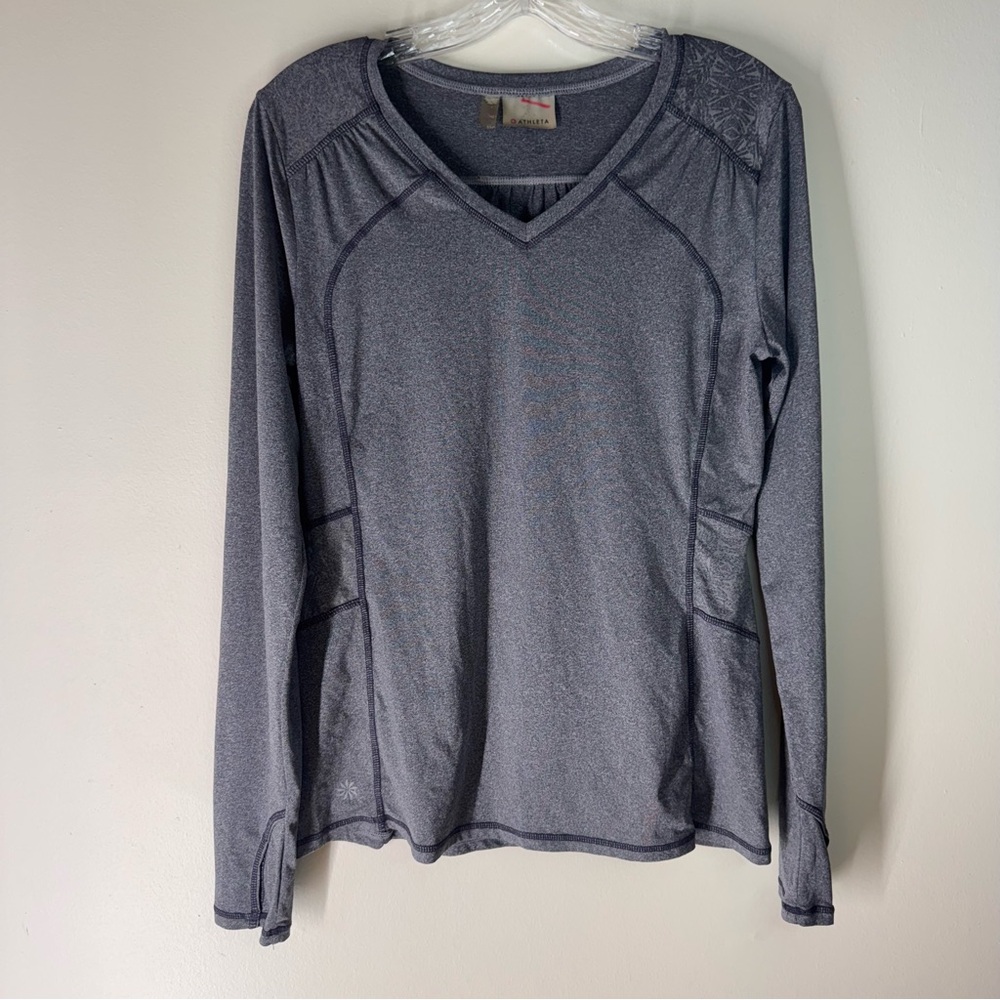 ATHLETA Northern Lights Top M Flint Grey Heather Reflective VNeck Long Sleeve B8